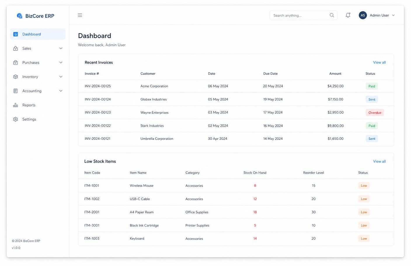 An ERPNext dashboard showing recent invoices and low stock items